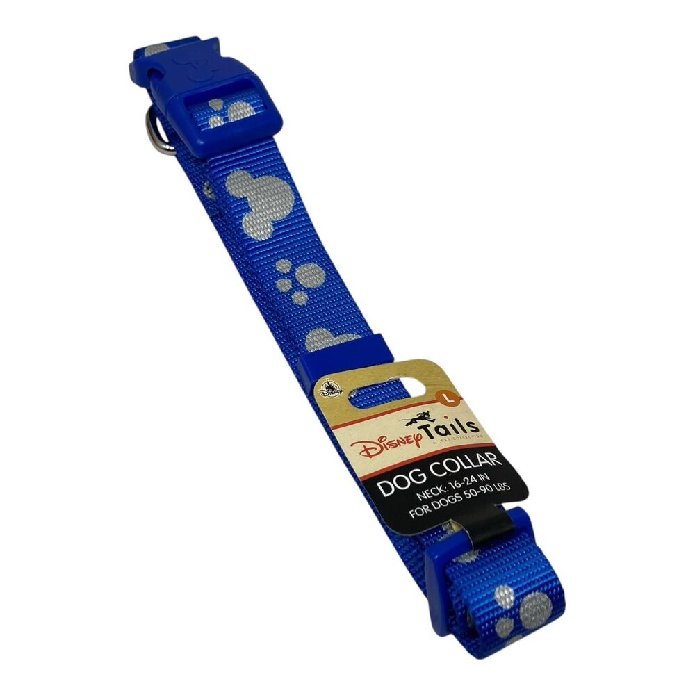 Disney Large Dog Collar Tails Mickey Mouse Blue Paw Print Reflective 16-24 In